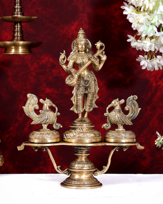 Brass Saraswati with Two Swans — Unique Statue 14.5 inch