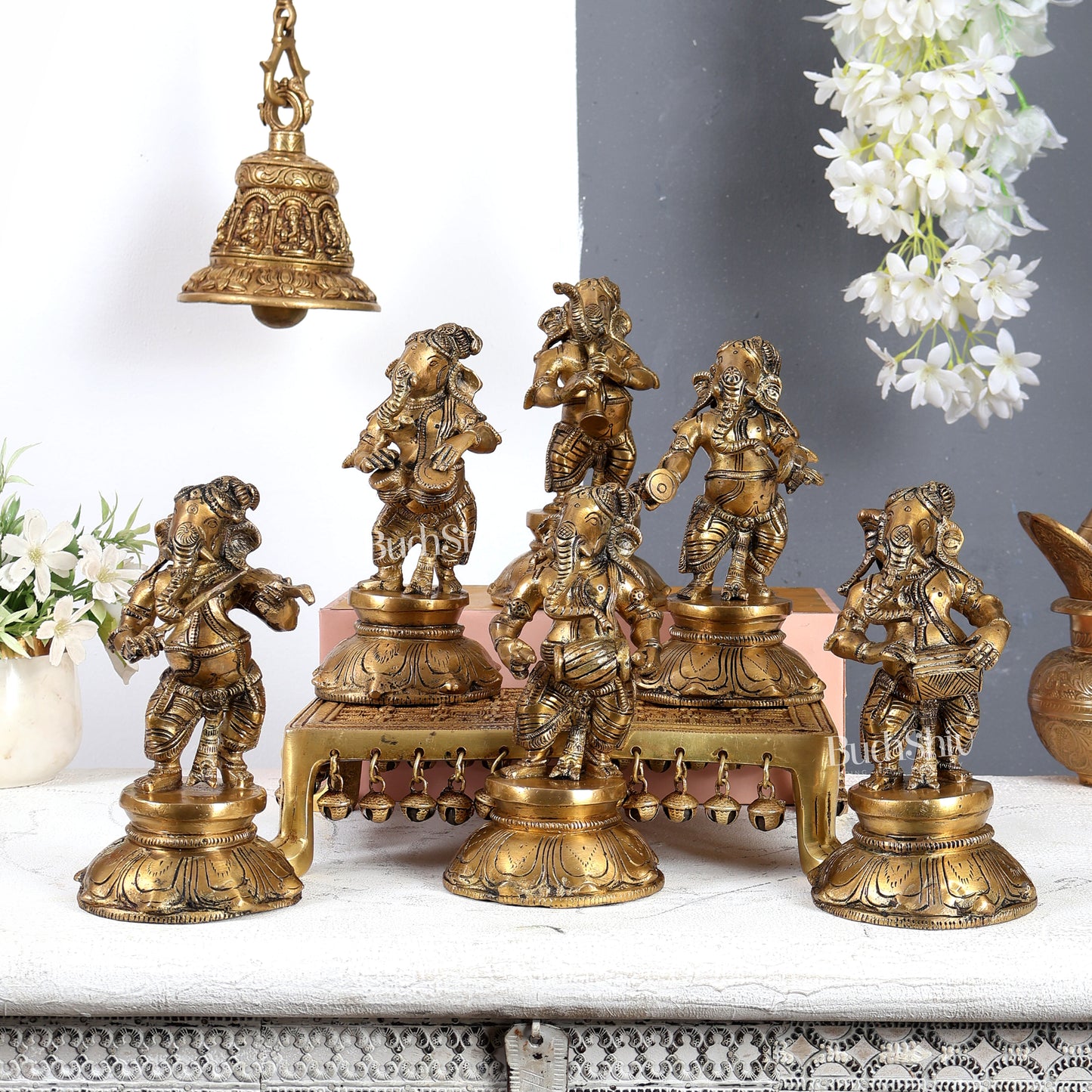 Brass Musical Ganesha Set of 6 Idols – Handcrafted Divine Musician Collection 8.5 inch