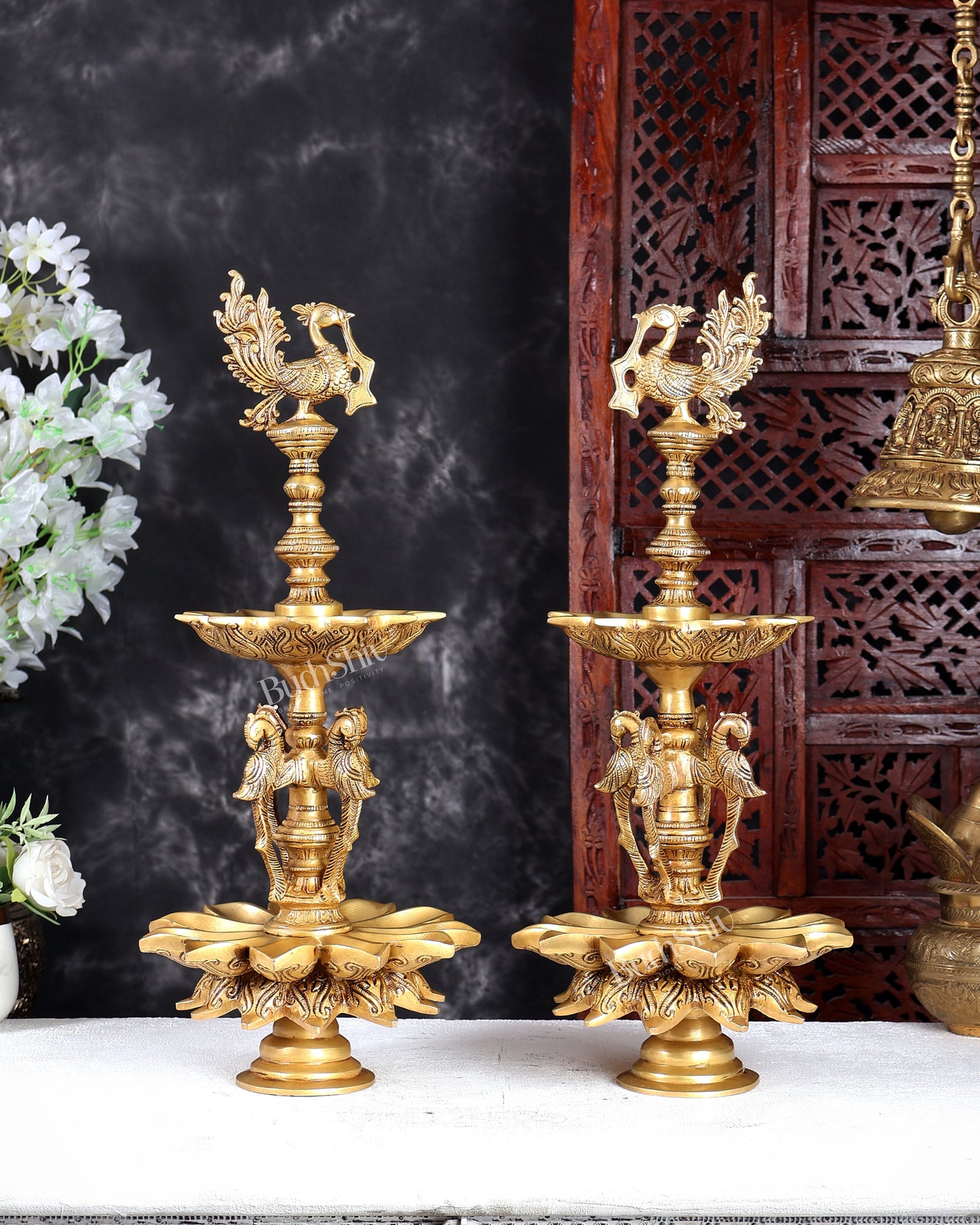Brass Peacock Samai Oil Lamp Diya Pair – Traditional Multi-Wick Deepam Set 19.5 inch
