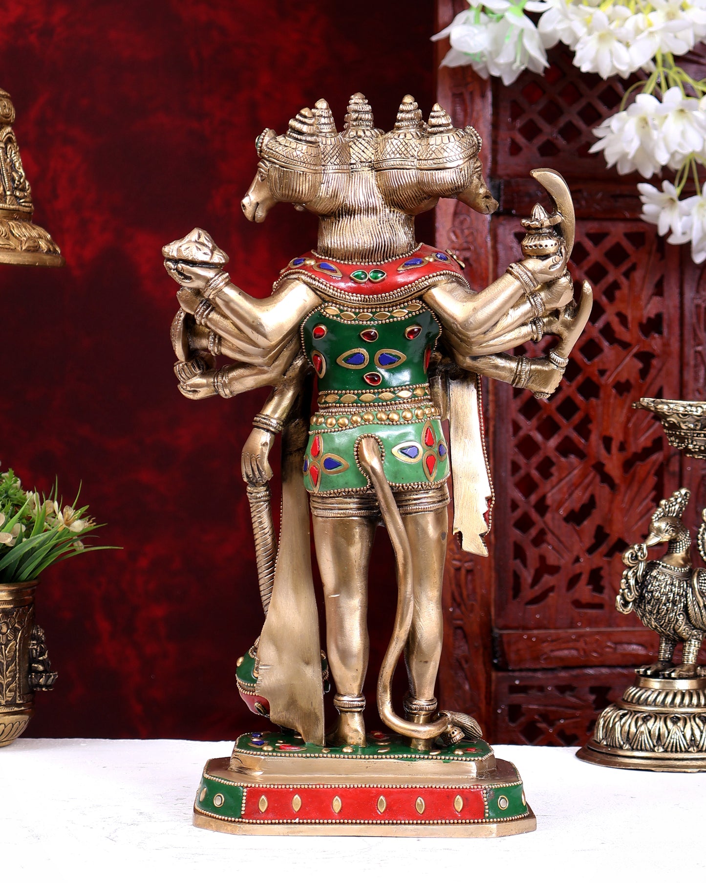Brass Standing Panchmukhi Hanuman Statue – Superfine Handcrafted Idol (14 Inch) with stonework