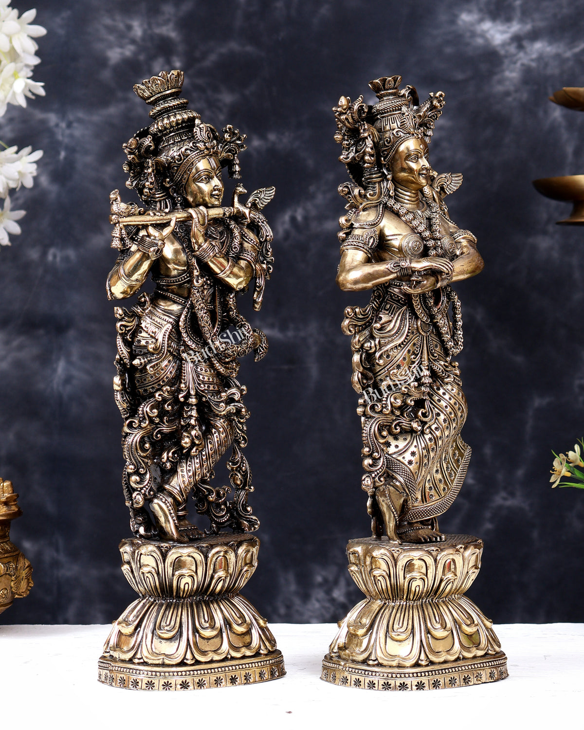 Brass Superfine Radha Krishna Idol Pair – Intricately Handcrafted Divine Sculpture (15 Inches)