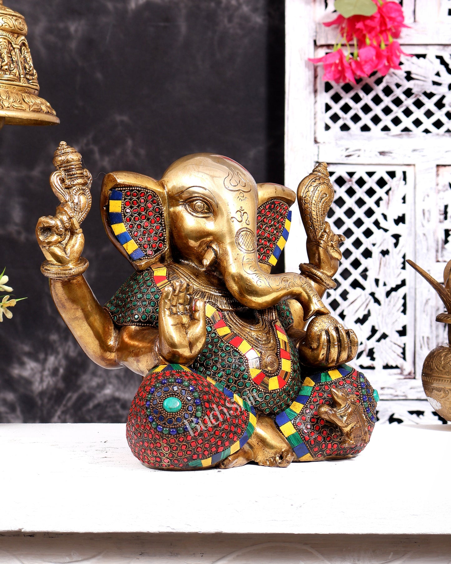 Large Brass Ganesha Statue - 11 Inch beautiful stonework