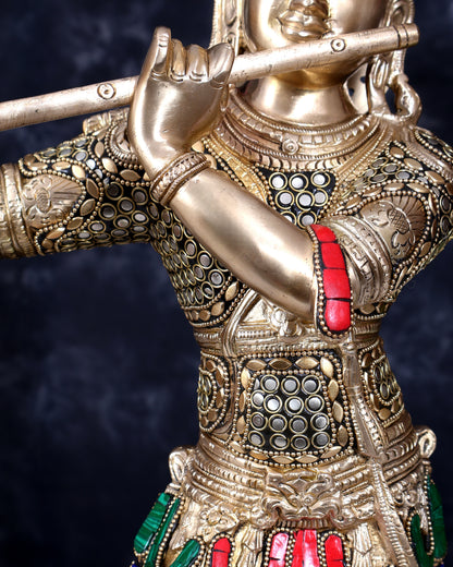 Brass Krishna Statue with Rings and Stonework 23 inch