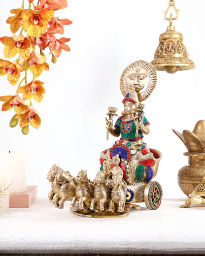 Brass Surya Rath Chariot - 12" with stonework