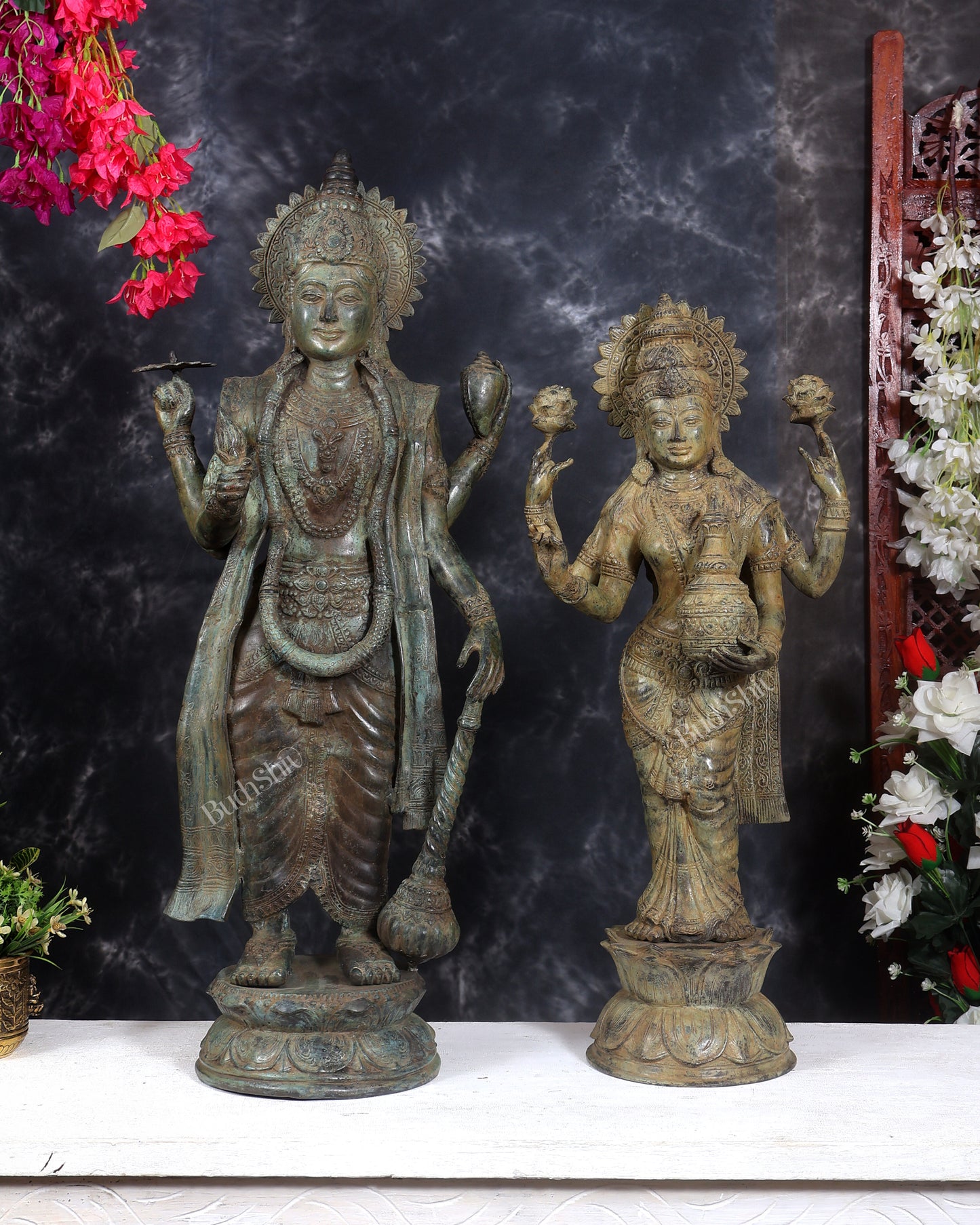 Balinese Bronze Vishnu & Lakshmi Standing Idol Pair 33 inch