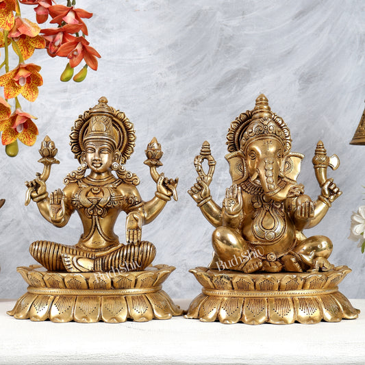Brass Lakshmi Ganesha Idol Pair on Lotus – Highly Detailed Divine Set (12 Inches Each)
