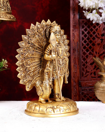 Brass Lord Murugan with Open-Wing Peacock Statue – Handcrafted Divine Idol 9.5 inch
