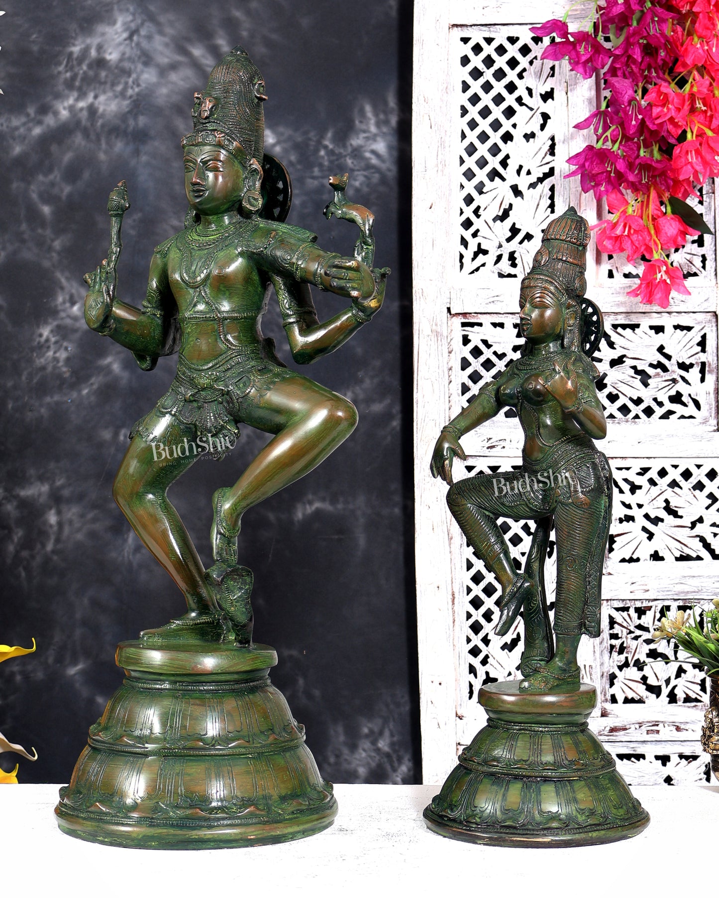 Brass Shiva and Parvati Dancing statues – 22 inch green patina
