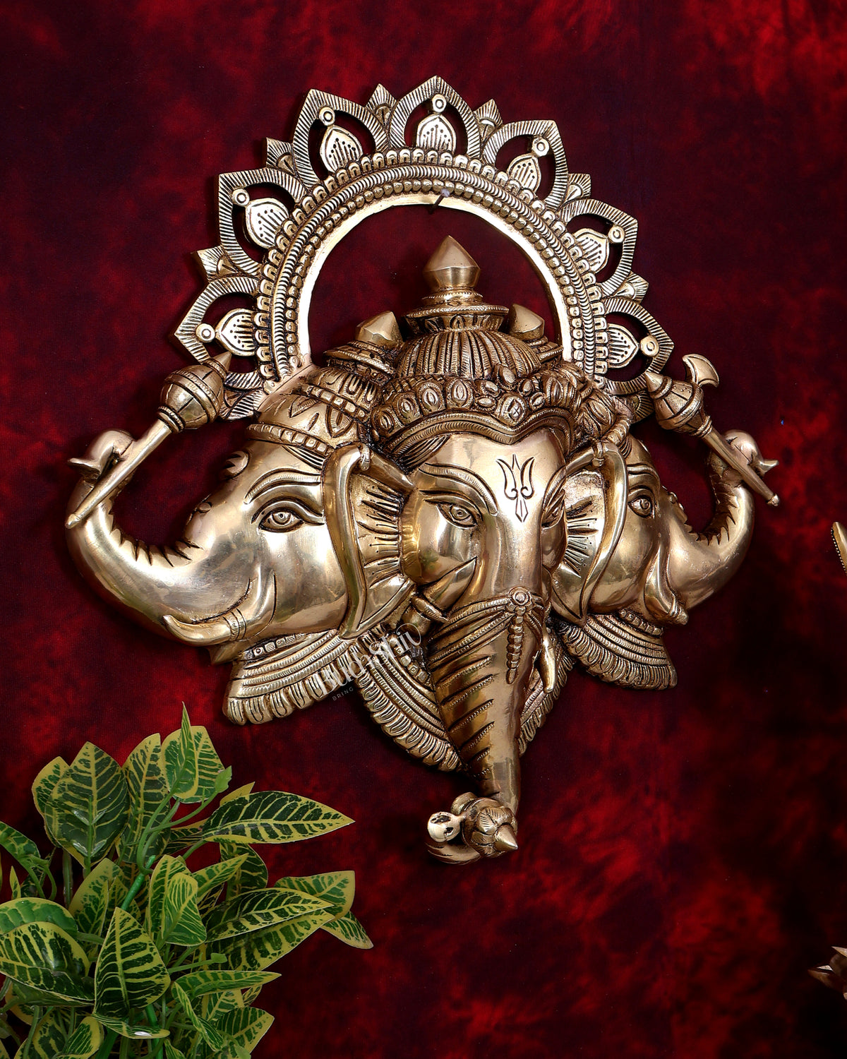 Pure Brass Ganesha wall hanging Trimukhi Ganapati 17.5 inch