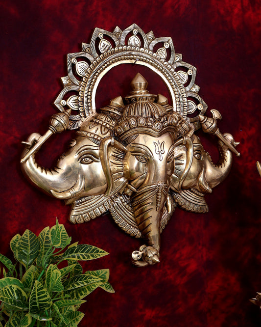Pure Brass Ganesha wall hanging Trimukhi Ganapati 17.5 inch