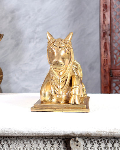 Brass Nandi with Om & Swastik Carvings – Intricately Handcrafted Sacred Bull Sculpture 8 inch
