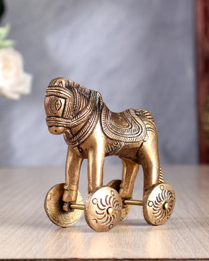 Brass Small Horse with Wheels – Traditional Showpiece & Ancient Toy 3.5 inch