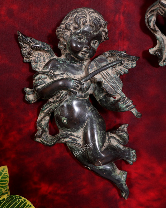 Brass Gothic Cherub Angel Wall Hanging Pair | Grape & Violin Angels | Pure Brass Wall Décor 12 inch vintage patina