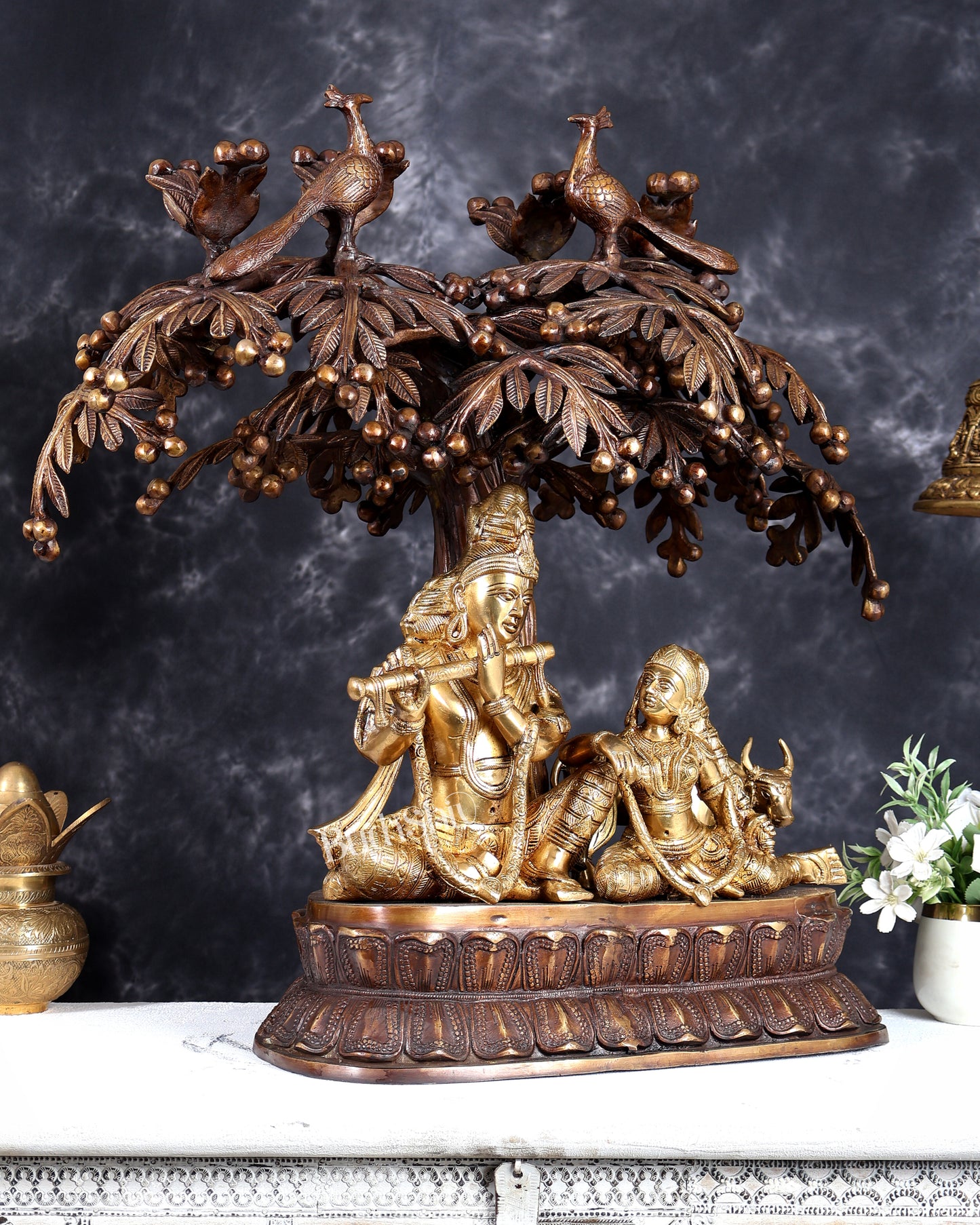 Brass Radha Krishna with Cow and Tree - 24 inch