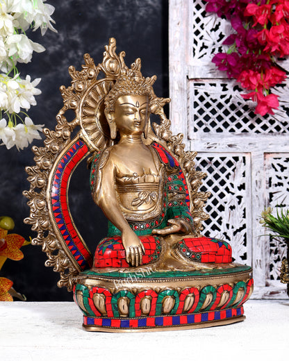 Brass Tibetan Buddha with Stonework on Throne with Aura 14.5 inch