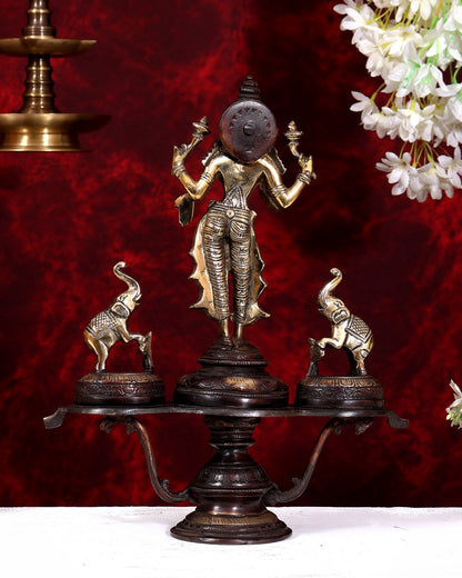 Brass standing Goddess Lakshmi with Two Elephants — Gajalakshmi Masterpiece 14.5 inch dual tone