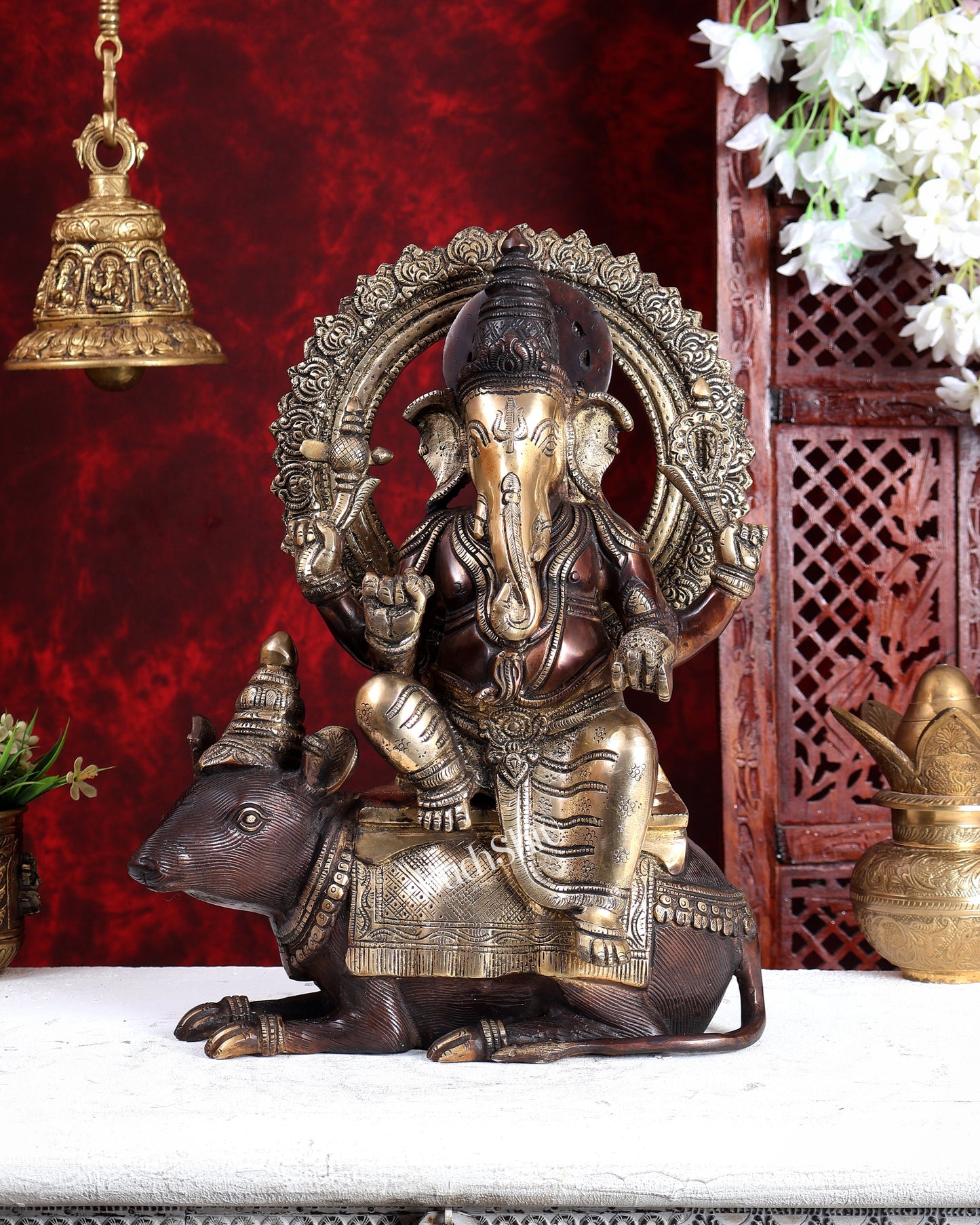 Pure Brass Ganesha sitting on mooshak idol - 16 inch dual tone