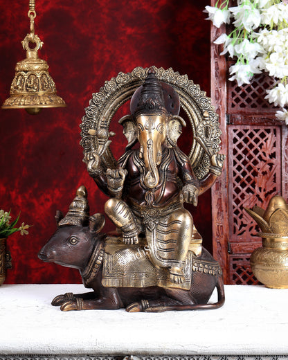 Pure Brass Ganesha sitting on mooshak idol - 16 inch dual tone