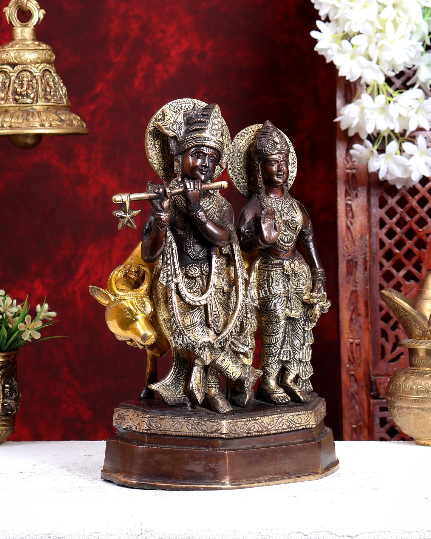 Brass Radha Krishna with Cow Idol – Three Tone Antique Finish 13 inch