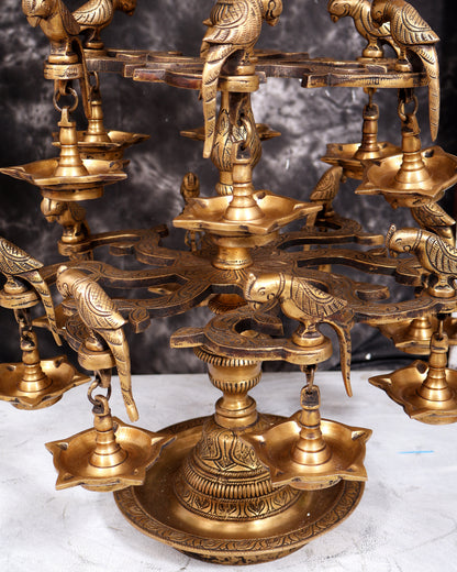 Brass Multi-Layer Parrot Lamp — 108 Diyas, 22 Parrots (Antique Tone) 38 inch