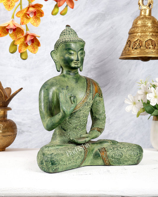 Brass Buddha Abhaya Mudra Statue – Green Sand Finish Patina Blessing Sculpture (11 Inches)