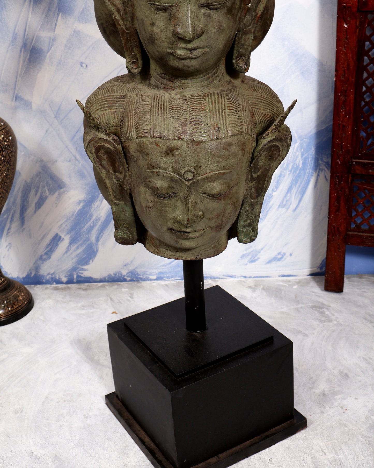 Balinese Bronze Multiple Mahasadashiv Faces Sculpture on Wooden & Metallic Rib Stand – Lost Wax Casting Masterpiece 46 inch