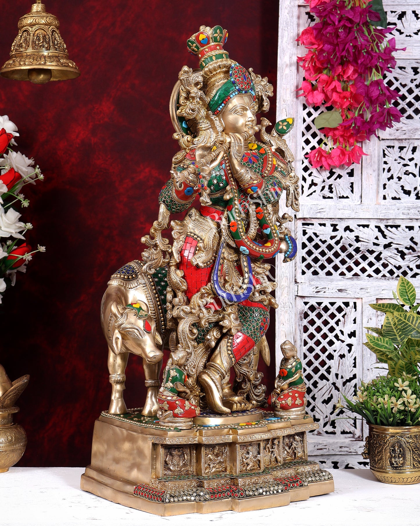 Pure Brass Lord Krishna with Cow with stonework 29 inch