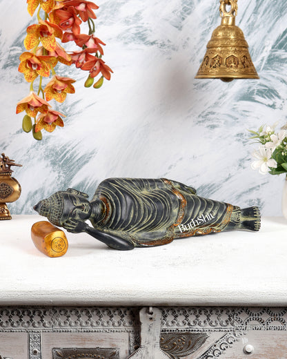 Brass Sleeping Buddha Statue – Vintage Black & Green Sand Finish Reclining Sculpture (13 Inches)