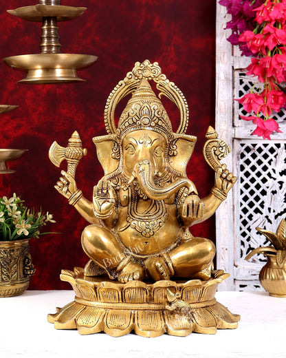 Heavy Brass Lord Ganesha on Lotus Statue — Sharp Features 15 inch