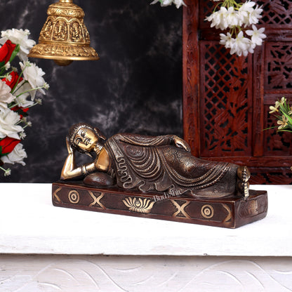 Brass Resting Buddha Statue in Parinirvana Mudra – Handcrafted Reclining Buddha Sculpture 12 inch