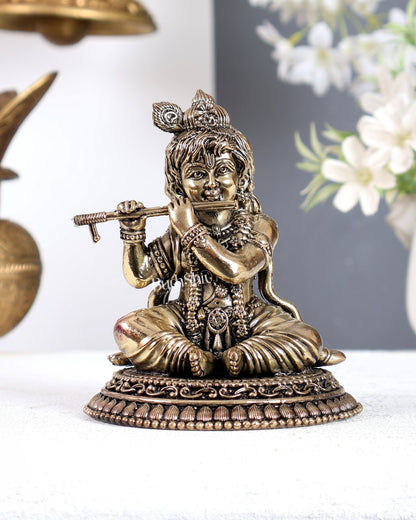 Brass Superfine Baby Krishna Sitting Playing Flute Idol – Handcrafted Smiling Bal Gopal Statue 5 inch