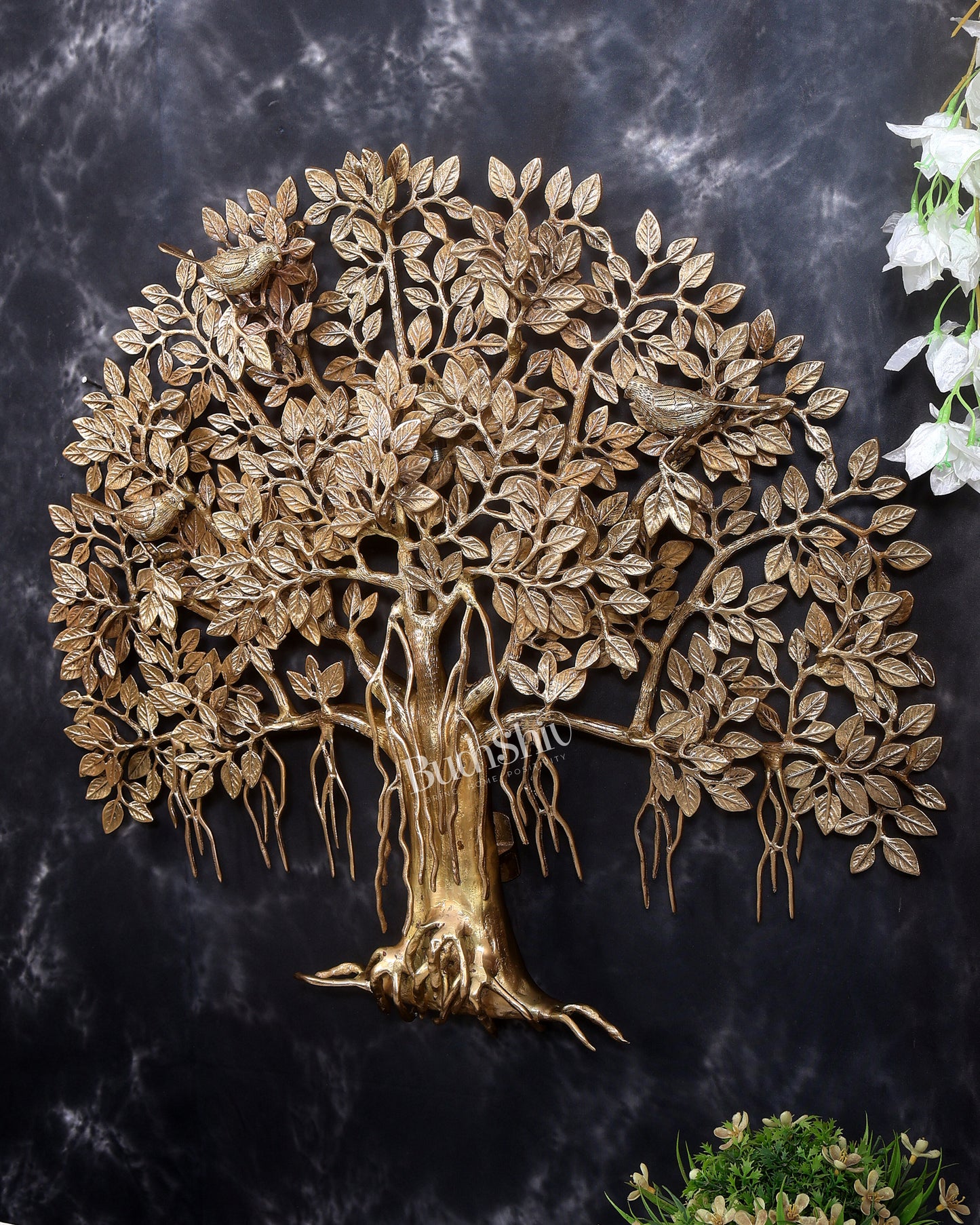 Premium Brass Large Kalpavriksha Tree Wall Hanging | Roots & Birds 28 inch
