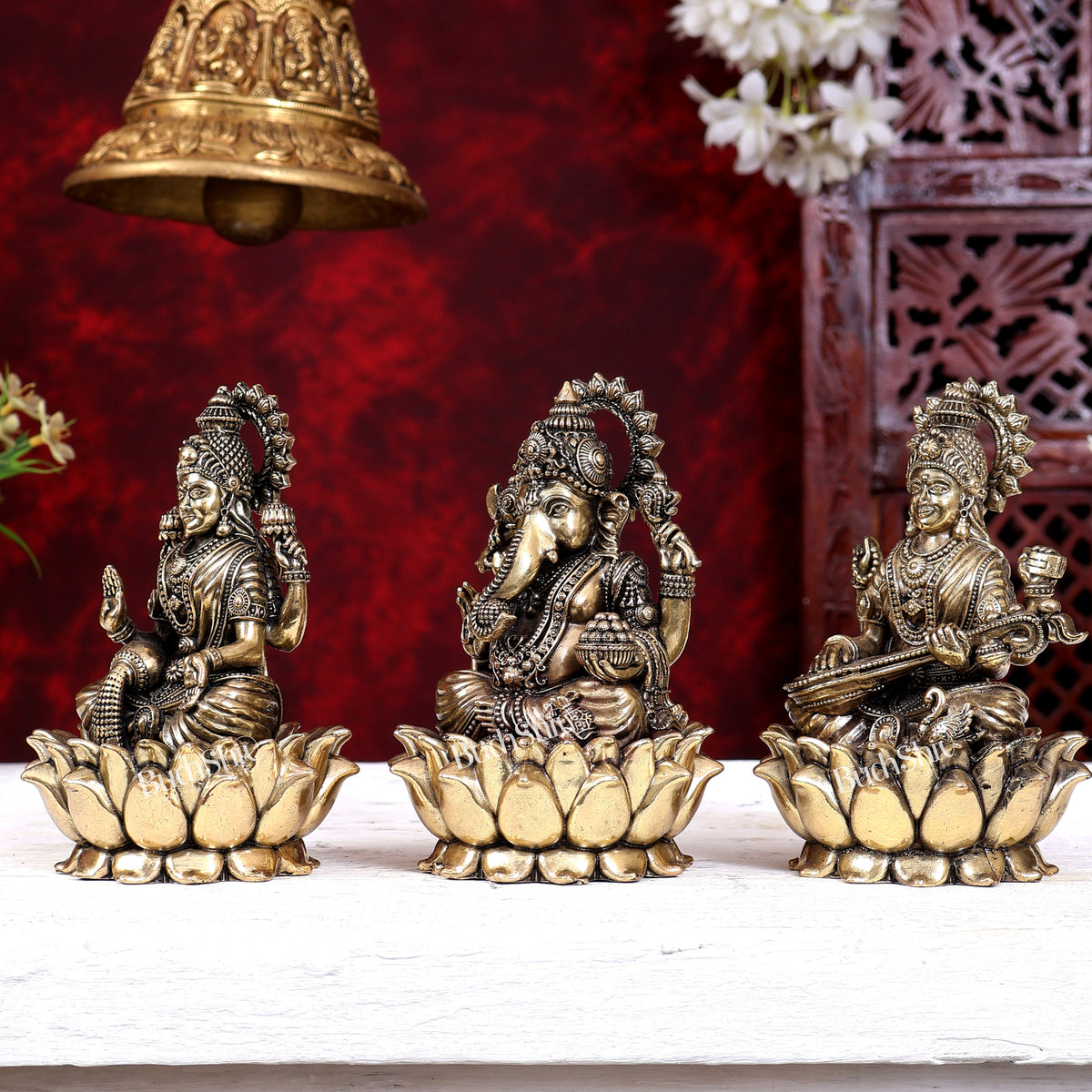 Brass Superfine Ganesh Lakshmi Saraswati Idols Cross-Legged on Lotus Base 5 inch