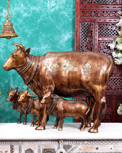 Pure Brass Large cow Statue with calves with carvings 29 inch Antique tone with carvings