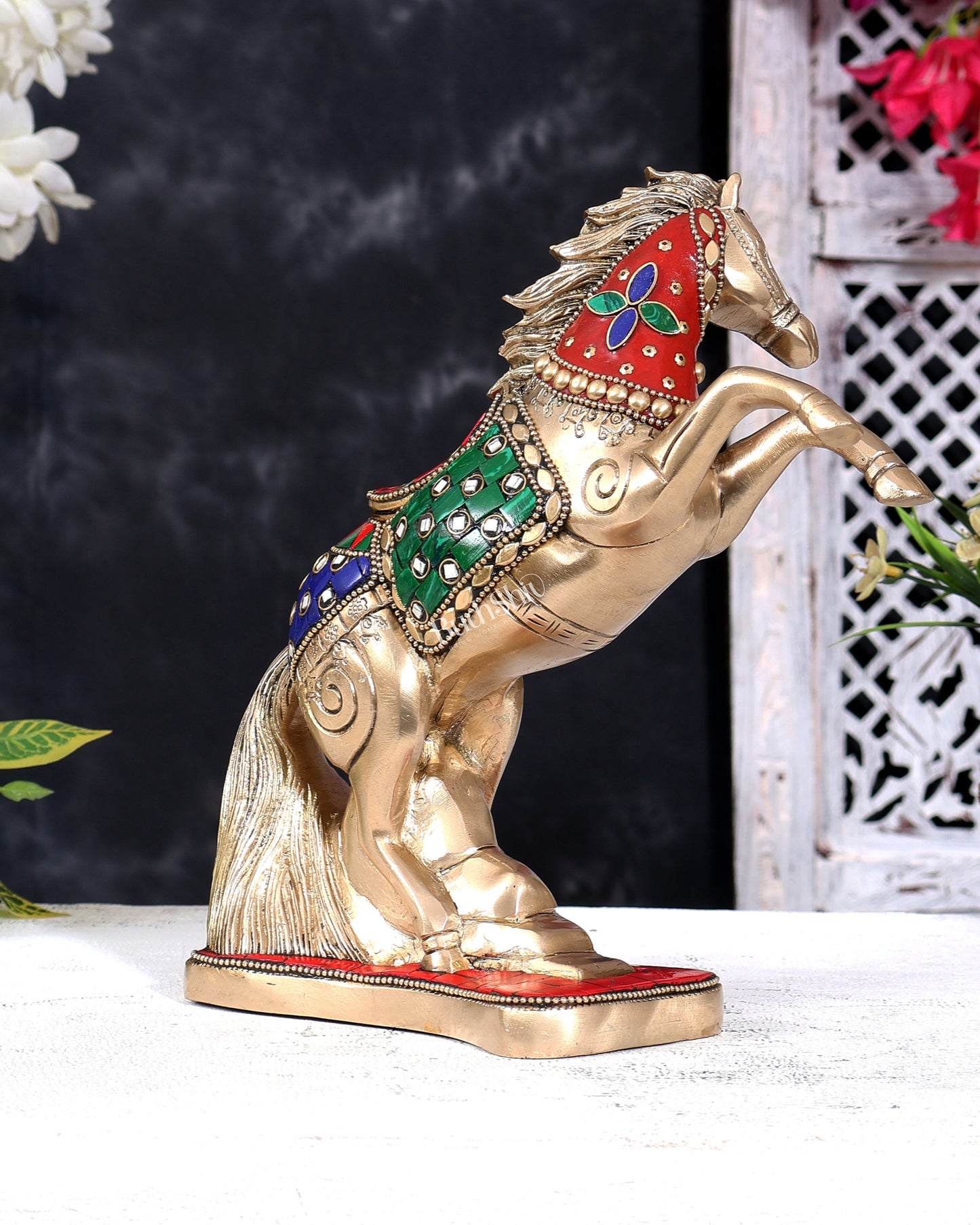 Pure Brass Vastu Feng Shui Jumping Horse Statue — with Stonework 8.5 inch