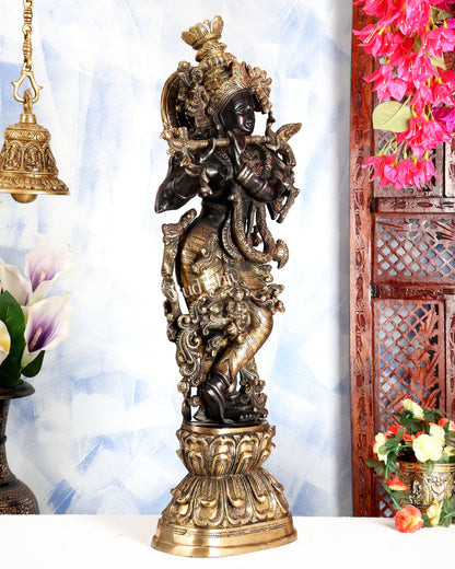 Premium Brass Lord Krishna Statue – Midnight Black Finish Handcrafted Divine Sculpture 30 inch
