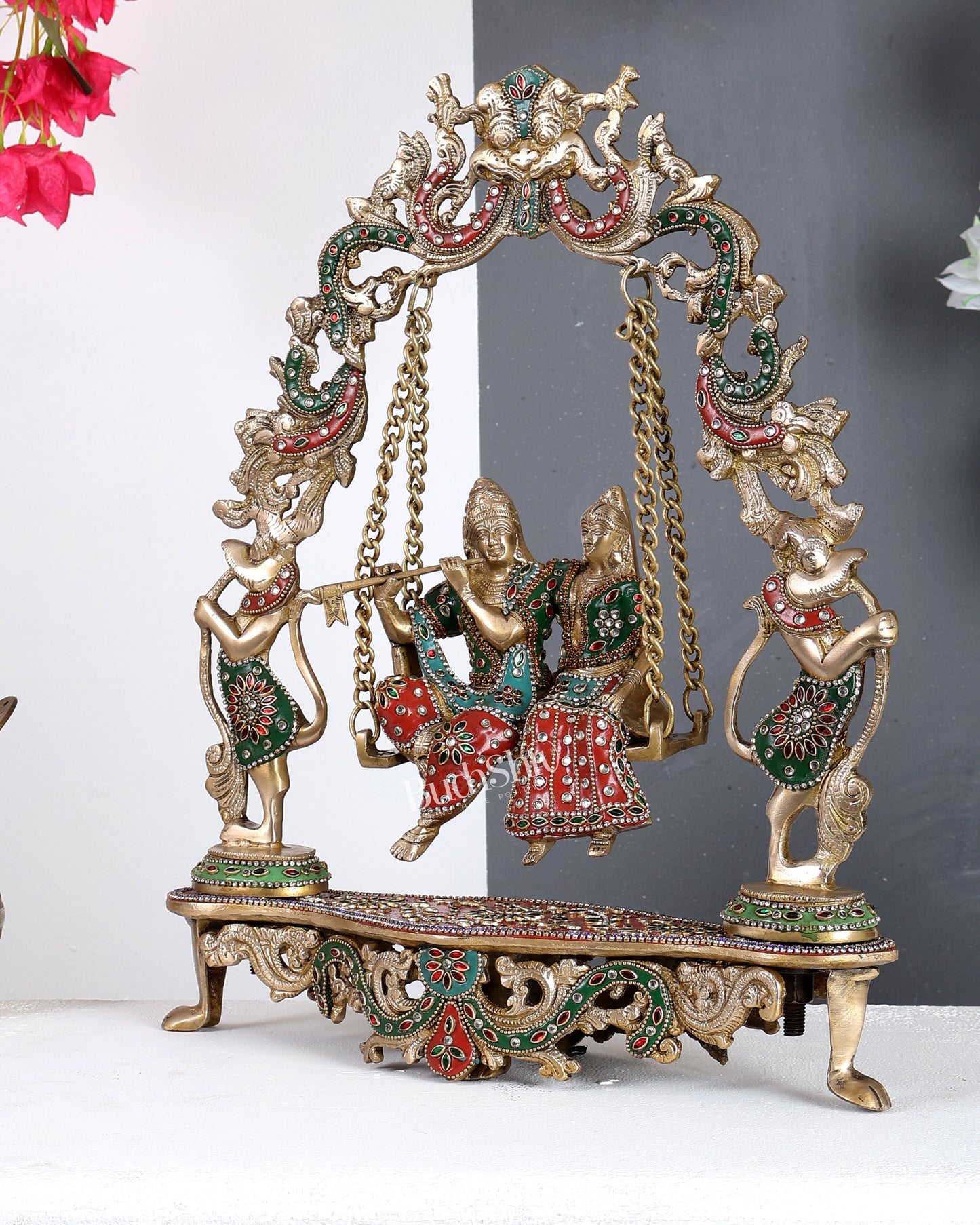 Handcrafted Brass Radha Krishna on Swing idol 18 inch with meenakari Stonework