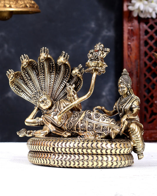 Brass Resting Lakshmi Narayana with Sheshanaag & Brahma Emerging Idol | Pure Brass Anantashayana Vishnu 8 inch