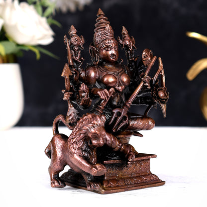 Pure Copper Goddess Shakti Durga Idol Seated with Lion — Dashabhuja 4.2 inch