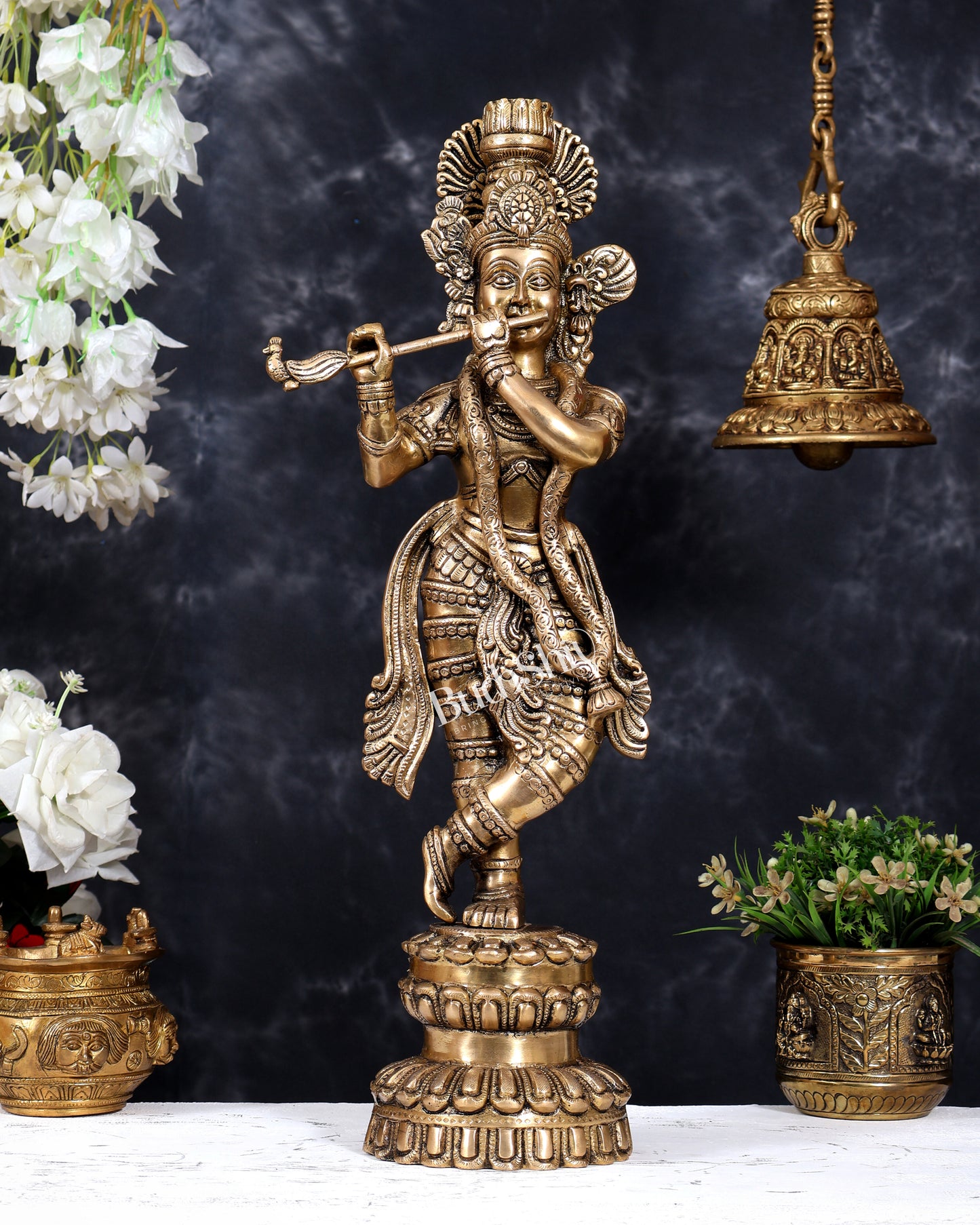 Brass Krishna Statue Unique Design | Pure Brass Lord Krishna Sculpture 20 inch matte finish