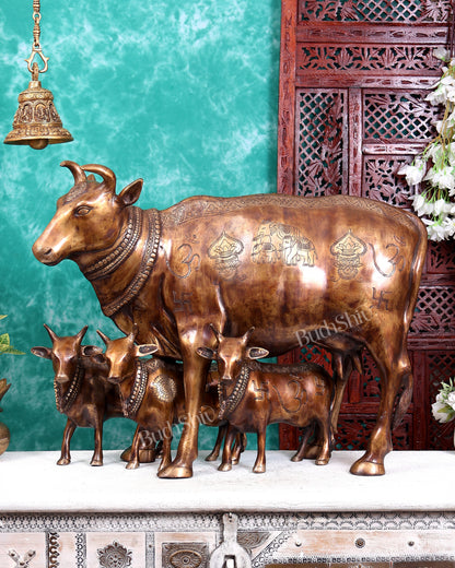 Pure Brass Large cow Statue with calves with carvings 29 inch Antique tone with carvings