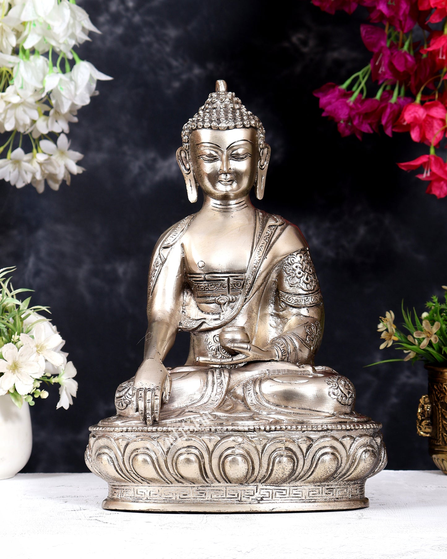 Pure Brass Blessing Buddha Statue - Silver plated , 12.5" Height