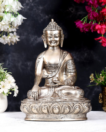 Pure Brass Blessing Buddha Statue - Silver plated , 12.5" Height