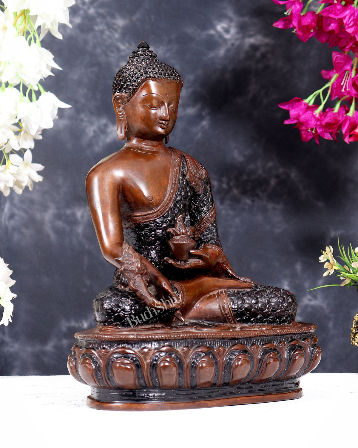 Pure Brass Buddha Statue - 13.5" Height liquid copper Nepalese tone