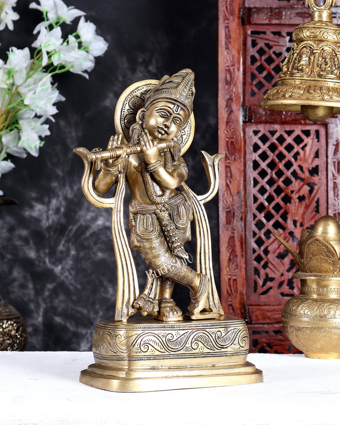 Unique Brass Lord Krishna Statue in Antique Tone – Handcrafted Divine Sculpture 13.5 inch