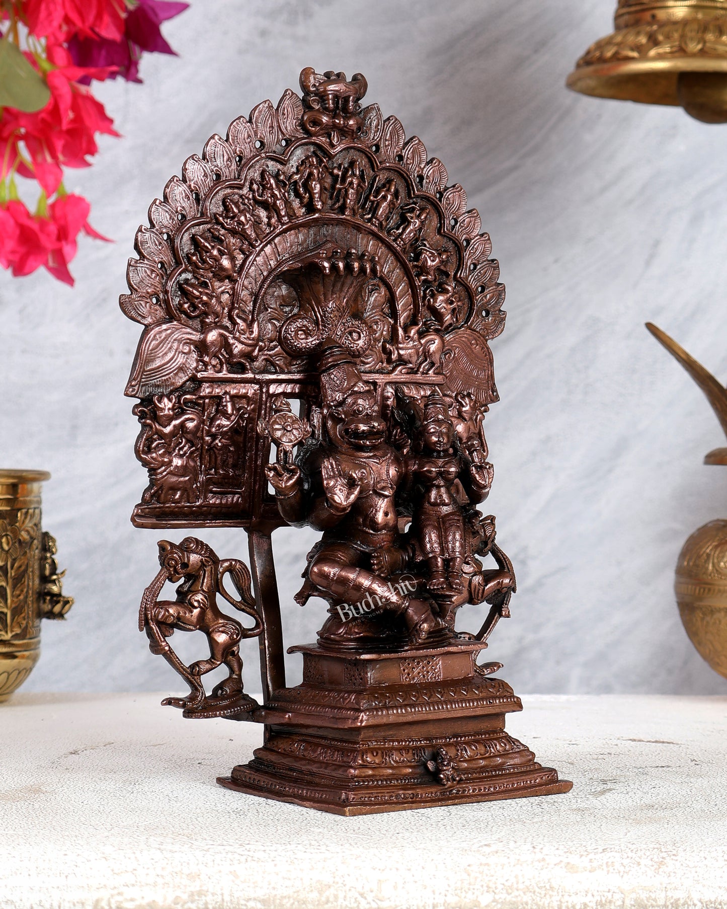 Pure Copper Lakshmi Narasimha Swamy with Dashavatar Peeta & Prabhavali – Divine Vishnu Avatar Sculpture (9 Inches)