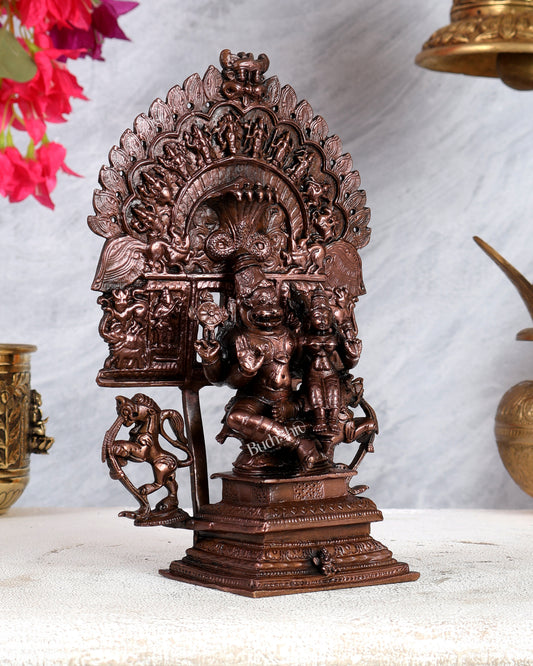 Pure Copper Lakshmi Narasimha Swamy with Dashavatar Peeta & Prabhavali – Divine Vishnu Avatar Sculpture (9 Inches)