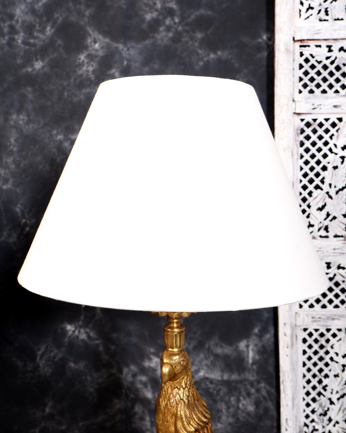 Suvarna Shuka — Designer Brass Parrot Table Lamp with White Shade & Marble Base