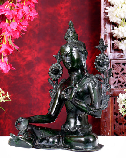 Large Pure Brass Green Tara Idol 13" agate green stone finish