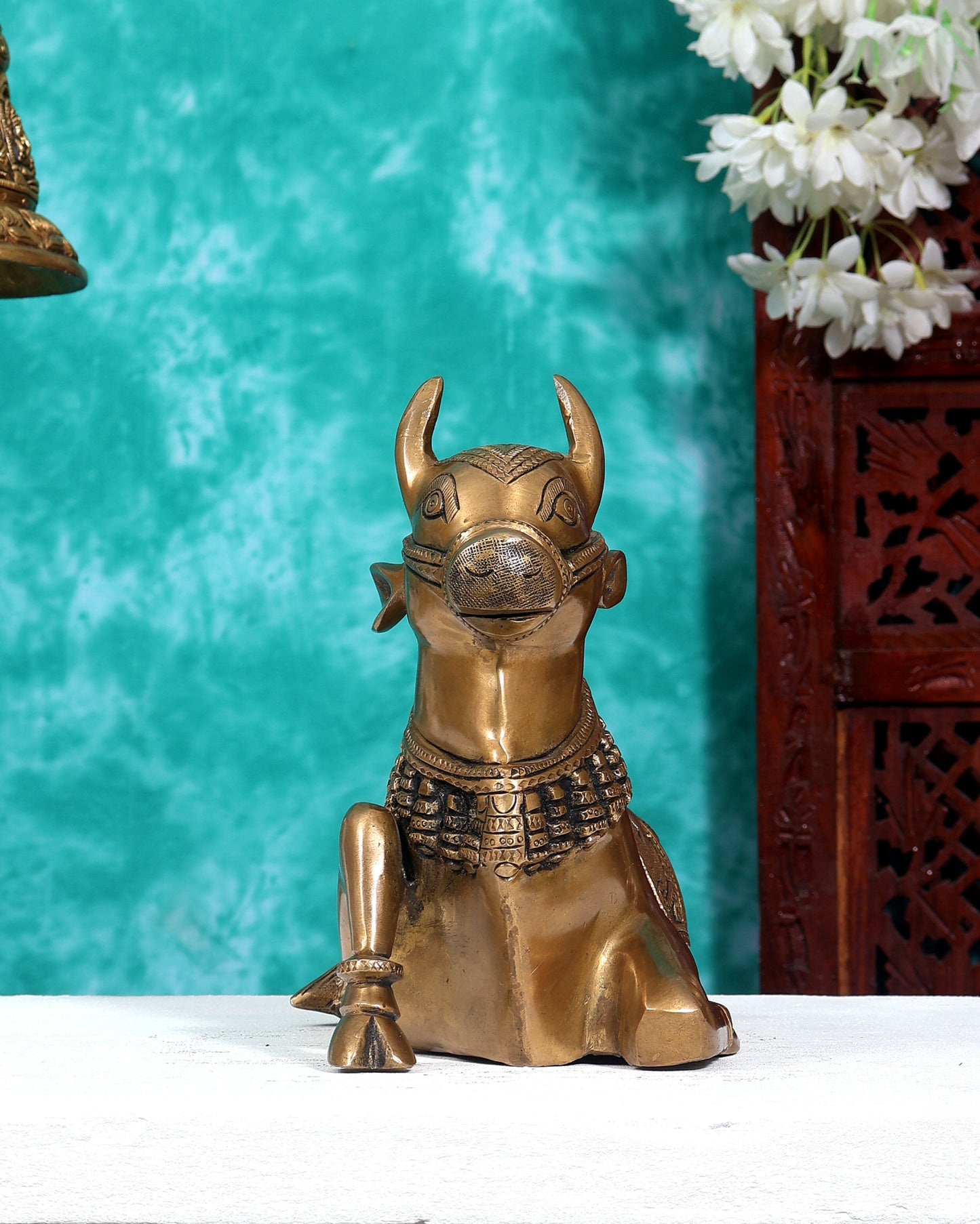 Pure Brass Nandi Bull Statue with Unique Lotus Carvings 10 inch